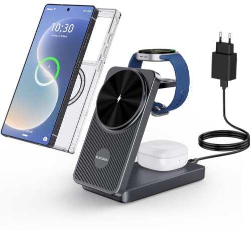 Magnetisch Induktive Ladestation für Samsung, 3 in 1 Ladegerät für Reisen | MagSafe Kabelloses Ladegerät Faltbares für Galaxy S26 Ultra/S25/S24/Z Fold 8/Flip 8, für Galaxy Watch Ultra 8/7/6/Buds 4