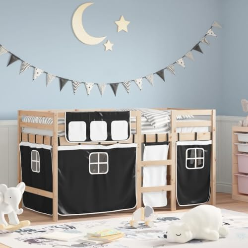 QJBSAVVA Kinderhochbett Kiefer massiv 90x200 cm weiß mit Vorhängen Spielbett Rausfallschutz 78,5 cm Höhe Einzelbett Jugendzimmer Spielhöhle unter dem Bett für Kinder ab 6 Jahren