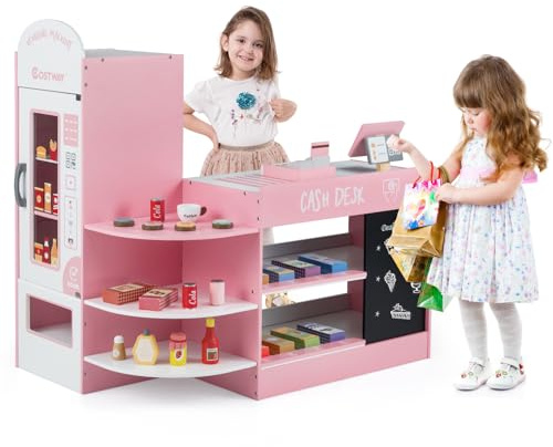 COSTWAY Barnköpbutik i Trä med Sidodisk, Kassa, POS-maskin, Försäljningsautomat, Krittavla Och Förvaringshyllor – Roligt Stormarknadsset för Barn 3-8 år, Rosa
