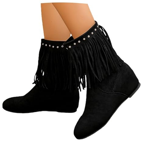Stivaletti Con Tacco A Zeppa E Frange Stivali Corti Da Donna Con Borchie Stivaletti In Pelle Scamosciata Stivali Slip-on Larghi A Tubo Scarpe Alla Caviglia Vintage for Country /rodeo(Black,39 EU)