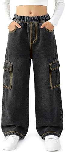 Keyck Jean Baggy Filles Pantalon Cargo Ample Wide Leg Denim Jeans 7-15 Ans | Ado Pants, avec Taille Élastique, Loose Fit, Long Denim Jeans à Jambes Larges, avec Poches, Casual Streetwear pour Enfant