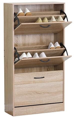 Miroytengo Mueble Zapatero Sete, Mueble Recibidor 3 trampones 3 Tiradores Capacidad 18 Pares Aprox. Melamina Color Roble 60x116x24 cm