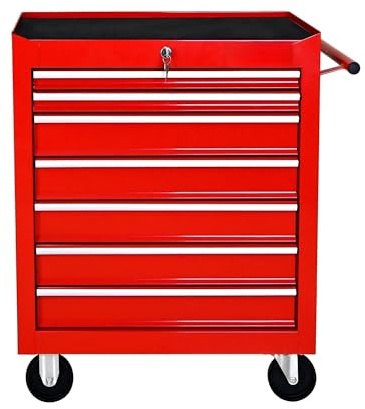 7 Drawers Rolling Tool Cart with Wheels, Heavy-Duty Steel Mobile Workshop Trolley, Lockable Tool Cabinet with Ball Bearing Drawers & 4 Casters (2 Brakes),Red
