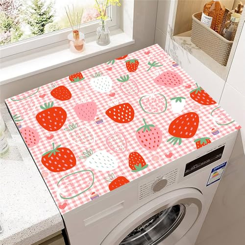 Hearda Housse Machine a Laver Fraise 3D, Dessus Tapis Lave Linge Antidérapant, Housse de Protection pour Machine à Laver Top, Tapis de Protection pour Dessus Sèche-Linge (Rose,30x40cm)
