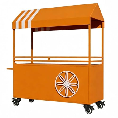 Bärbar Mobil Gatuförsäljare Matvagn, Järnmatvagnsdisplay med Tak och Hjul för Gata, Fester, Marknad(Orange,180cm/71in)