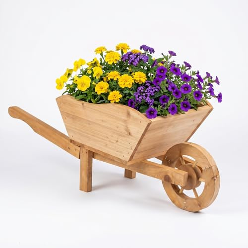 caprican Wooden Wheelbarrow Garden Planter Decorative Fir Wood Outdoor Flower Pot Rustic Patio Trough Ornament Brown Cottage Style Décor Drainage Hole Lightweight Plant Display Gardening Gift for Mum
