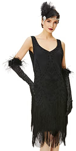 BABEYOND - Abito da donna anni 1920, stile Flapper, nero con fiori, senza maniche, scollo a V, vita alta, ideale per feste di Carnevale e costumi, Taglia M, Nero , L
