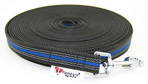 Twinkys Dog Style Schleppleine gummiert 20 mm breit mit Handschlaufe Schwarz Blau 10 Meter Karabinerhaken aus Zinkdruckguss für Hunde Made in Germany