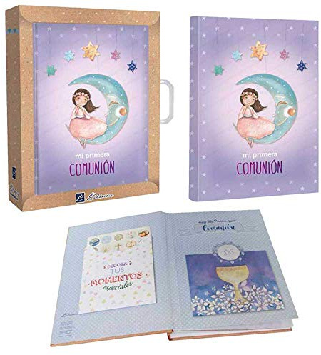 Libro Comunión para firmas con maletín, Niña sobre la luna
