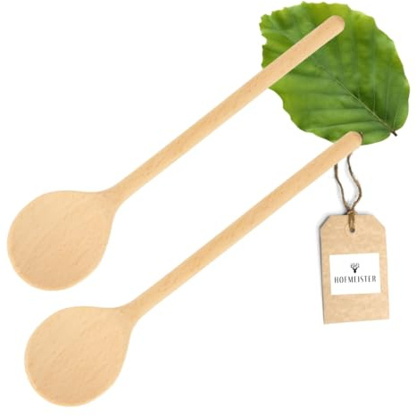 HOFMEISTER® Lot de 2 cuillères de cuisine en bois de hêtre, 25 cm, sans rayures dans les casseroles revêtues, résistantes à la chaleur et indéformables, fabriquées à la main dans l'UE (rondes)