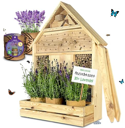 GARTENETAGE Stehendes Insektenhotel XXL mit Pflanzenoase Lavendel - inkl. Anzuchtset/Naturbelassenes, massives Insektenhaus groß & Bienenhotel/Insektenhotel zum Aufstellen