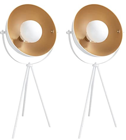 firstchoicelighting Pair of Modern Tripod Table Lamp or Bedside Lights Retro Design White Tripod Light Industrial Lamp with Dome Shade Height 64cm LED Compatible