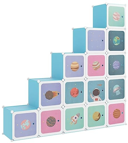 vidaXL Kinderschrank Modular mit 15 Würfeln, Regalsystem mit viel Stauraum, Würfelregal mit Stahlrahmen, Kinderregal Regal Aufbewahrungsschrank, Blau PP