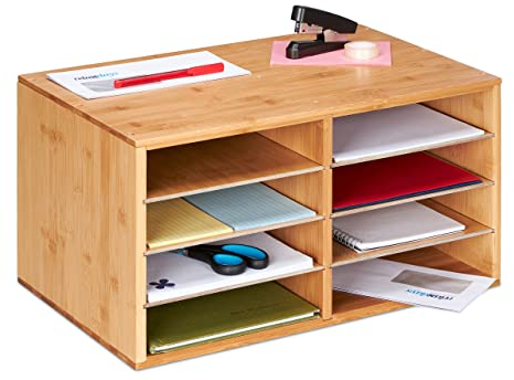 Relaxdays Dokumentenablage Bambus, DIN A4, 8 Fächer, Büro Organizer, HxBxT: 25 x 49 x 31 cm, Schreibtischablage, natur