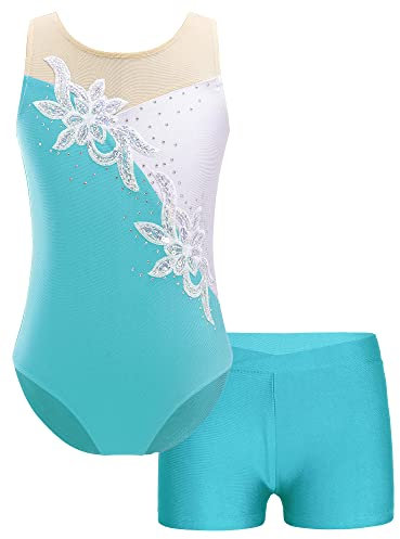 Freebily Kinder Mädchen Gymnastikanzug Ballettanzug Turntrikot Gymnastik Shorts Outfit Wettkampf Athletic Tanzanzug Training Sportanzug Lyrische Tanzkostüme A_Türkis 122-128/7-8 Jahre