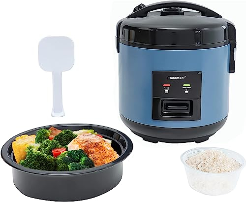 Eamoment 1L | 400 W arrocera y vaporera (1 litro-5 tazas) para 1 – 5 personas, cocción rápida sin quemar, extraíble antiadherente, cuchara de arroz y vaso medidor (Azul)