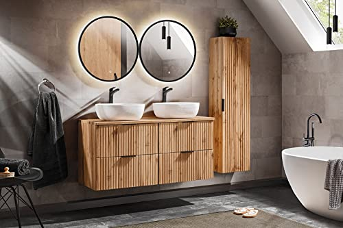 NAKA ADEL-V Badmöbel-Set mit Waschbecken 120 cm Badschrank Waschtisch Soft-Close-Mechanismus Badezimmerschrank Spiegel Waschbeckenunterschrank Matt Eiche Komplettes Set Montiert
