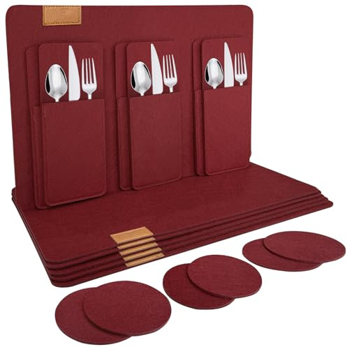 shinfly Tischsets Filz Platzsets Abwaschbar 18er Set, Burgunderrot 44x31cm | Abwischbare Platzdeckchen mit Untersetzern und Bestecktaschen, Hitzebeständig und Rutschfest für Küche und Esstisch