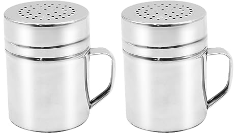 Hoypeyfiy 2Pcs Flour Sugar Salt Shaker, Stainless Steel Chocolate Dredges Metal Shaker with Handle Icing Sugar Salt Cocoa Flour Coffee Shaker Sifter Spice Dispenser Condiment Jar for Kitchen