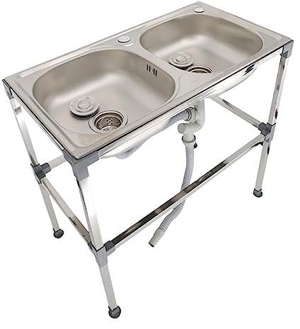 Fregadero IndependienteComercial, Acero Inoxidable Fregadero Cocina 2 Senos, Fregadero de dos senos, Fácil De Limpiar, Fregadero Comercial Móvil (3-75x40cm / 29.53x15.75in)