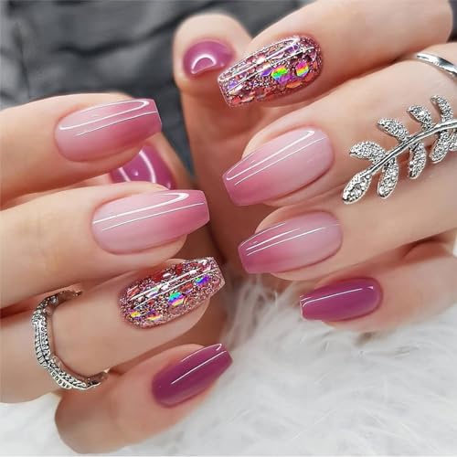 Agasar 24pcs Short Coffin False Purple Glitter Stick on Pink Ombre Press on Fake Acrylic Full Cover Nails Women Girls Nail Art Accessories