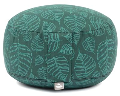 Bodhi Meditationskissen RONDO | Abnehmbarer Bezug aus 100% Baumwolle | Bio-Dinkelfüllung | Höhe 14-20 cm | Praktische Trageschlaufe | Maharaja Collection (Bodhi Leaves/deep green)