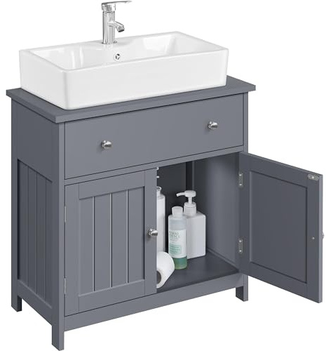 Yaheetech Tvättställsskåp, badrumsskåp, underskåp, tvättställsunderskåp med låda och 2 dörrar, badrumsbyrå badrumsmöbler i lantlig stil, mörkgrå, 60 x 30 x 60 cm