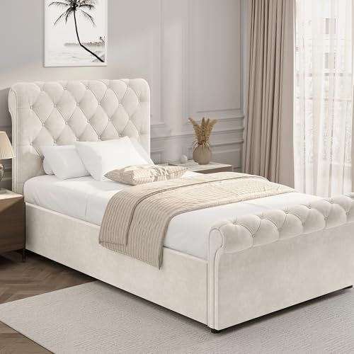 Single Ottoman Bed Frame Upholstered Bed UKFR Velvet Beige Ottoman Storage Bed with Gas Lift Side Opening Wooden Slats with Storage Bed (3ft Single 90 x 190, No Mattress)