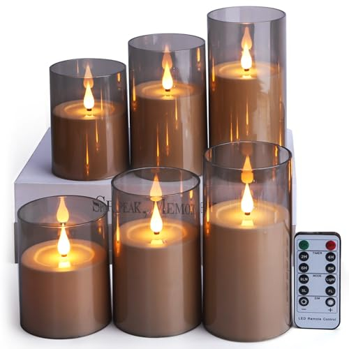 FREEPOWER 6er LED Kerzen Grau Acryl mit Fernbedienung Timer Flackern Batteriebetrieben Flammenlose Stumpenkerzen Elektrische Warmweißes Licht, Ø8 x 10/10/12,5/12,5/15/15cm