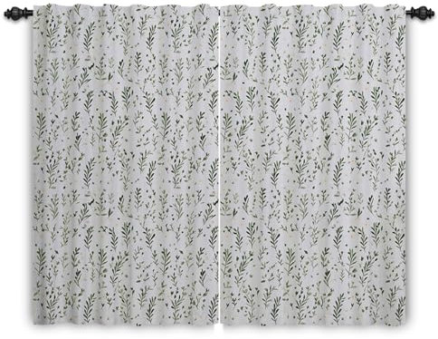 ggaimwf Window Curtains Pencil Pleat Plants Leaves Patterned Floral Sage Green Natural Curtains for Privacy Bedroom Garden Patio Modern Interior Doorways Rod Pocket Drapes 117x229cm 2 Panels