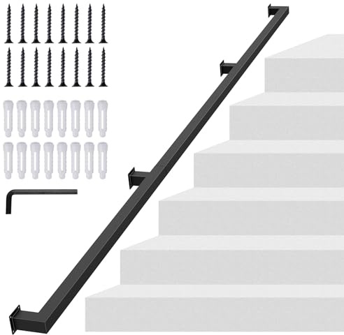 8FT/240CM Square Tube Handrail,Wall Mount Staircase Handrail Modern Pipe Stair Industrial Stair Rail for Indoor Outdoor Steps,440lbs Load,Carbon Steel Non-Slip Grab Handle for Loft Porch 3 Sections