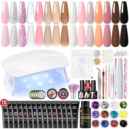 Coscelia Kit Gel de Extensión de Uñas15 Colores Poly Nail Extension Esmaltes Semipermanentes de Uñas Gel con 6W UV/LED Lámpara,Base Coat No Wipe Top Matte Coat,Nail Extention Gel para Principiantes