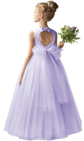 LECOYOYO Abiti da ragazza di fiore per matrimonio in raso di tulle principessa abito da cerimonia nuziale per ragazze girocollo arco ragazze abiti da ballo, Lilla, 10 anni