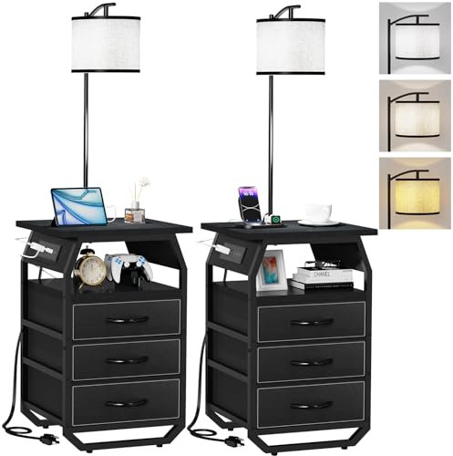runjuly Juego de 2 lámparas de pie con mesa, mesas auxiliares con lámparas adjuntas con bombilla de temperatura de 3 colores, mesa auxiliar con lámpara con 3 cajones y carga, combo de lámparas para