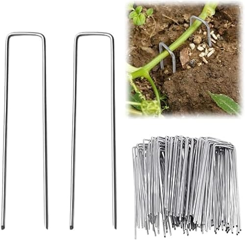GYWHOOFT 100 piquetas en U de acero galvanizado (ancho 4 cm) para la fijación segura del paisaje, tela, membranas para malas hierbas, tierra, hojas de vellón, fijación para tela, hierba artificial
