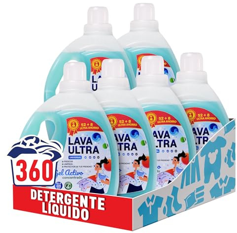 Lava Ultra Gel Activo 3L x 6ud. (360 lavados) - Detergente Líquido Concentrado para Lavadoras, Sin Fosfatos, Apto para Todo Tipo de Telas, Suave y Fresco, Fabricado en España