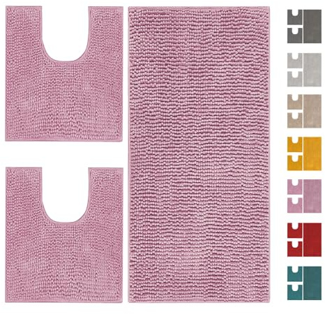 Home Tresor Parure Tappeti Bagno Set 3 Pezzi per Wc e Bidet, Tappeto Microfibra Morbido Antiscivolo Assorbente Giro Water - Rosa