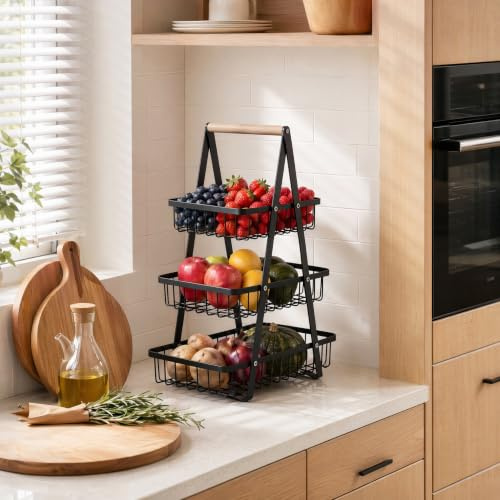 YRHome 3 Etagen Obstschale Obst Etagere aus Metall Schwarz Obstkorb Etagere Obst Brotkorb Obst Schüssel Gemüse mit Holzgriff Gemüsegestell Abnehmbar Obst Halter Küche Lager für Obst Gemüse Snacks