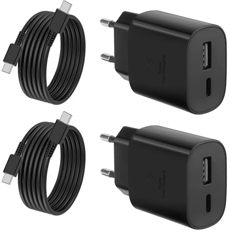 2 Pièces Chargeur USB C, Prise Rapide 25W avec Câble USB-C Compatible avec Samsung Galaxy S25/S24/S23/S22/S21/20 Ultra/Plus/FE/S10/A55/A54/A53/A15/Z Fold6/Flip6, PD+QC Multiple Secteur Adaptateur