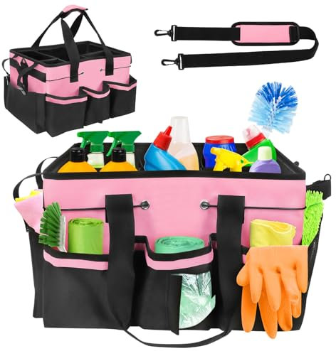 Borsa per Pulizia Indossabile, 40x27,5x23,5cm Contenitore Organizer per La Pulizia con 5 Tasche e Spallacci Regolabili, Cestino Porta Attrezzi Impermeabile Pieghevole Porta Prodotti Pulizia (Rosa)
