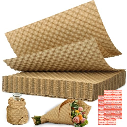 Paper Bubble Wrap Sheets for Packing 15 x 12” x 50 FT Bubble Wrap for Moving,Packing,Shipping, Recyclable Packing Paper for Glass,Dishes, Biodegradable Cushioning Wrap with 24 Fragile Stickers
