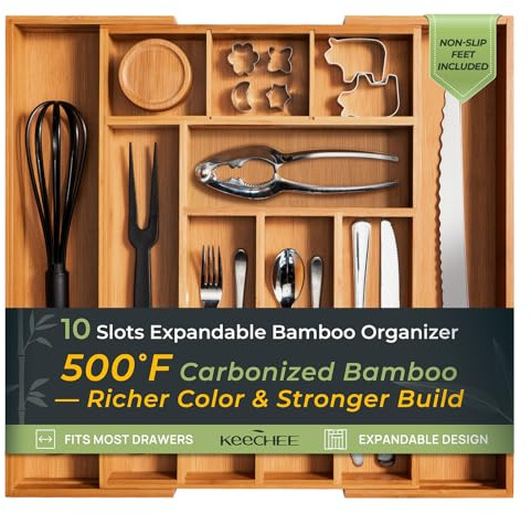 keechee Carbonized Bamboo Kitchen Drawer Organizer, 10 Slots Expandable Silverware Organizer, Utensil Holder & Cutlery Tray, 2.2 Deep for Extra Capacity, Non-Slip Feet Included
