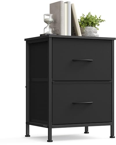 SONGMICS Bedside Table with 2 Non-Woven Fabric Drawers, Steel, MDF, for Bedroom, Side Table, Ink Black and Ebony Black LGS312BH03