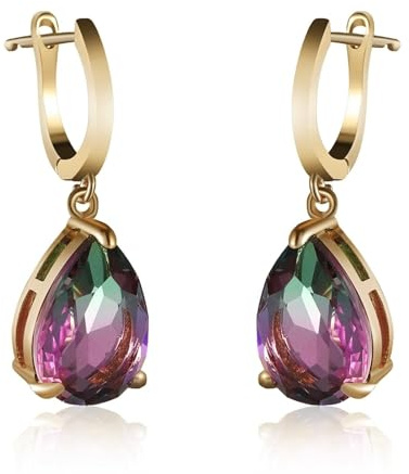 Pendientes colgantes elegantes, pendientes de circonita para mujer, chapados en plata, cristal en forma de gota con degradado de color para joyería de compromiso, Lila, Base chapada en oro blanco