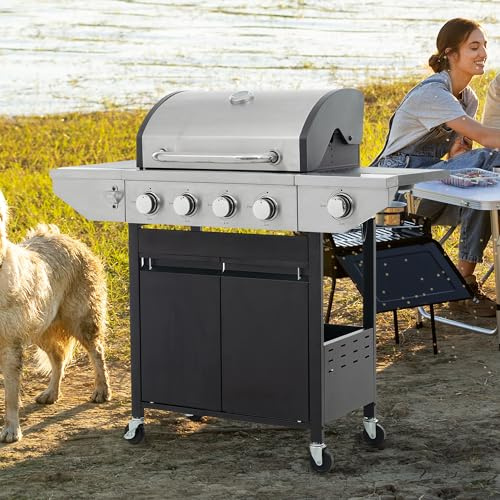 46,500 BTU 4-Burner Propane Gas Grill with Side Burner | Stainless Steel Outdoor BBQ Grill | Porcelain-Coated Grates, Lid Thermometer & Foldable Shelves | Black & Silver Patio Grill (Black and Silver)
