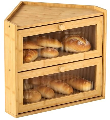 EffiQ-Rate 2 Tier Corner Bread Bin, Large Natural Bamboo Bread Box with Window for Kitchen Countertop, 42 x 30 x 35 cm Wooden Food Storage Container for keeping Homemade Breads, Biscuit Fresh