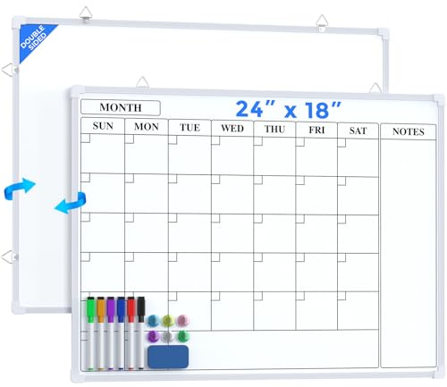 MaxGear Monthly Calendar Dry Erase Board for Wall, 24x18 Magnetic Double-Sided White Board, Hanging Whiteboard for Planning, Drawing, Memo, to Do List, School, Home, Kitchen, Office