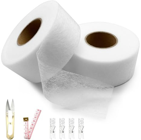 Saumband zum Aufbügeln Bügelband für vorhänge - Bügelband hose kürzen, Saumband selbstklebend, Nahtband zum Aufbügeln, hemming tape, mit 4 Nähklammern, Maßband und Schere, 40mm x 50M x 2 Rollen