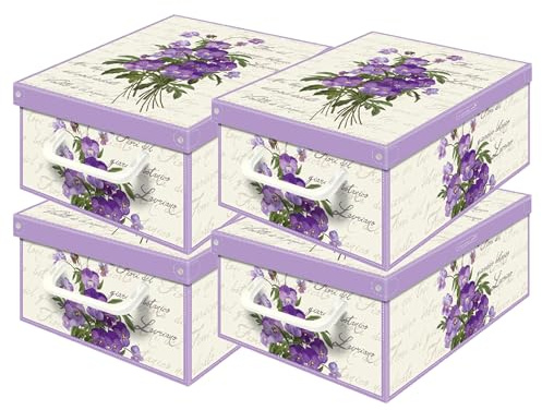 Set aus 4 Aufbewahrungsboxen mit Deckel – Große Kleiderboxen aus Karton 25x35x17,5 cm – Robust, leicht zu montieren, mit Tragegriffen – Perfekt für Kleiderschrank & Saisonwechsel Veilchen
