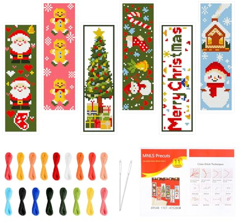 JSRQT Kit da 6 Segnalibri Punto Croce Christmas Prestampati con Istruzioni，Kit Ricamo Punto Croce per Principianti e Adulti,Idee Regalo Natale per Appassionati di Lettura,8''x2.4 (20 x 6cm)